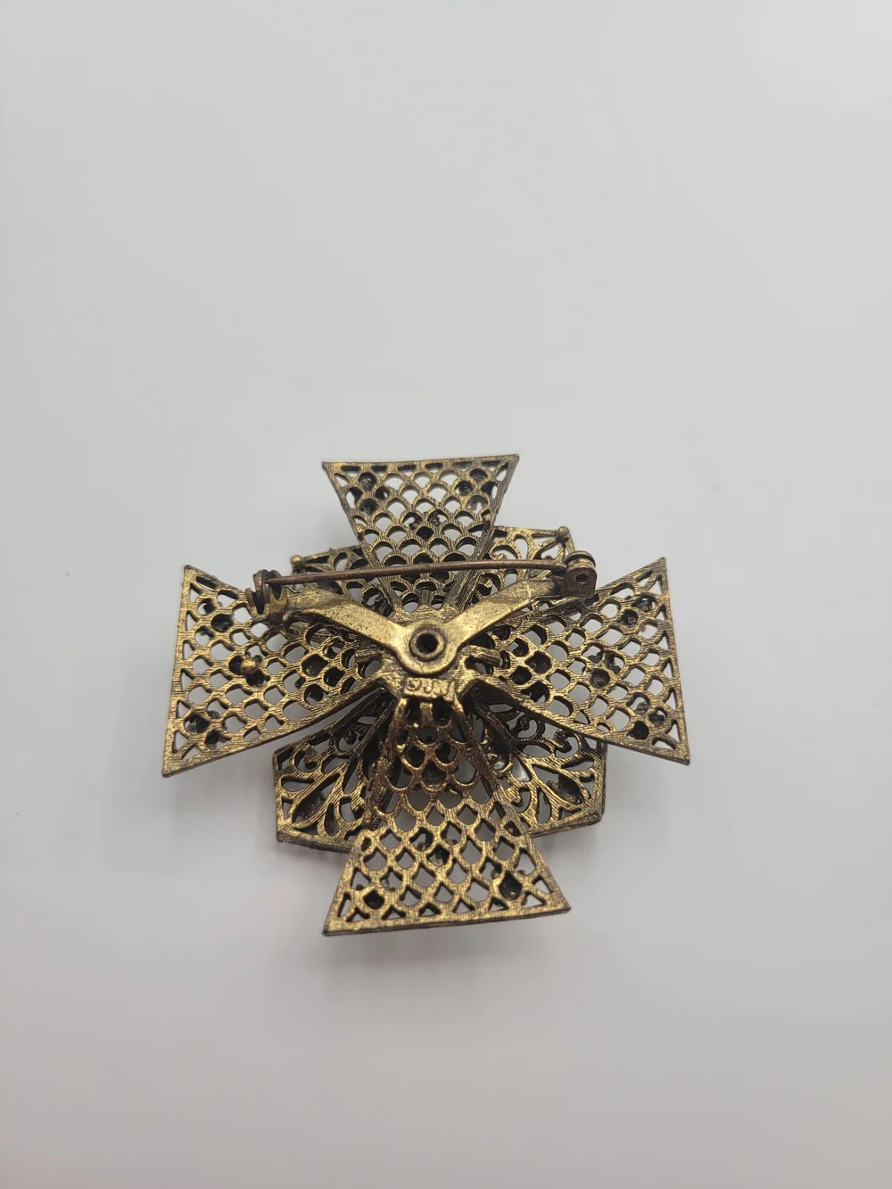 Vintage-Inspired JJ Green and Blue Filigree Cross Brooch
